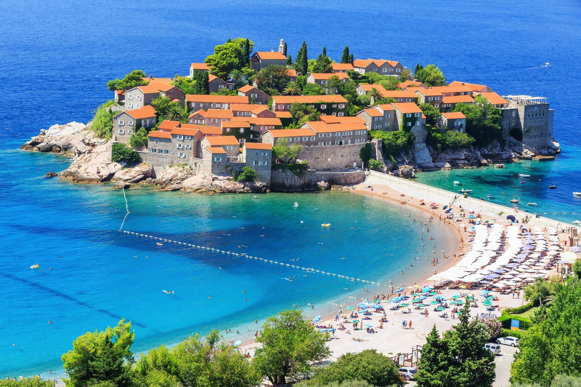 Aerial view of people on the beach in Budva
