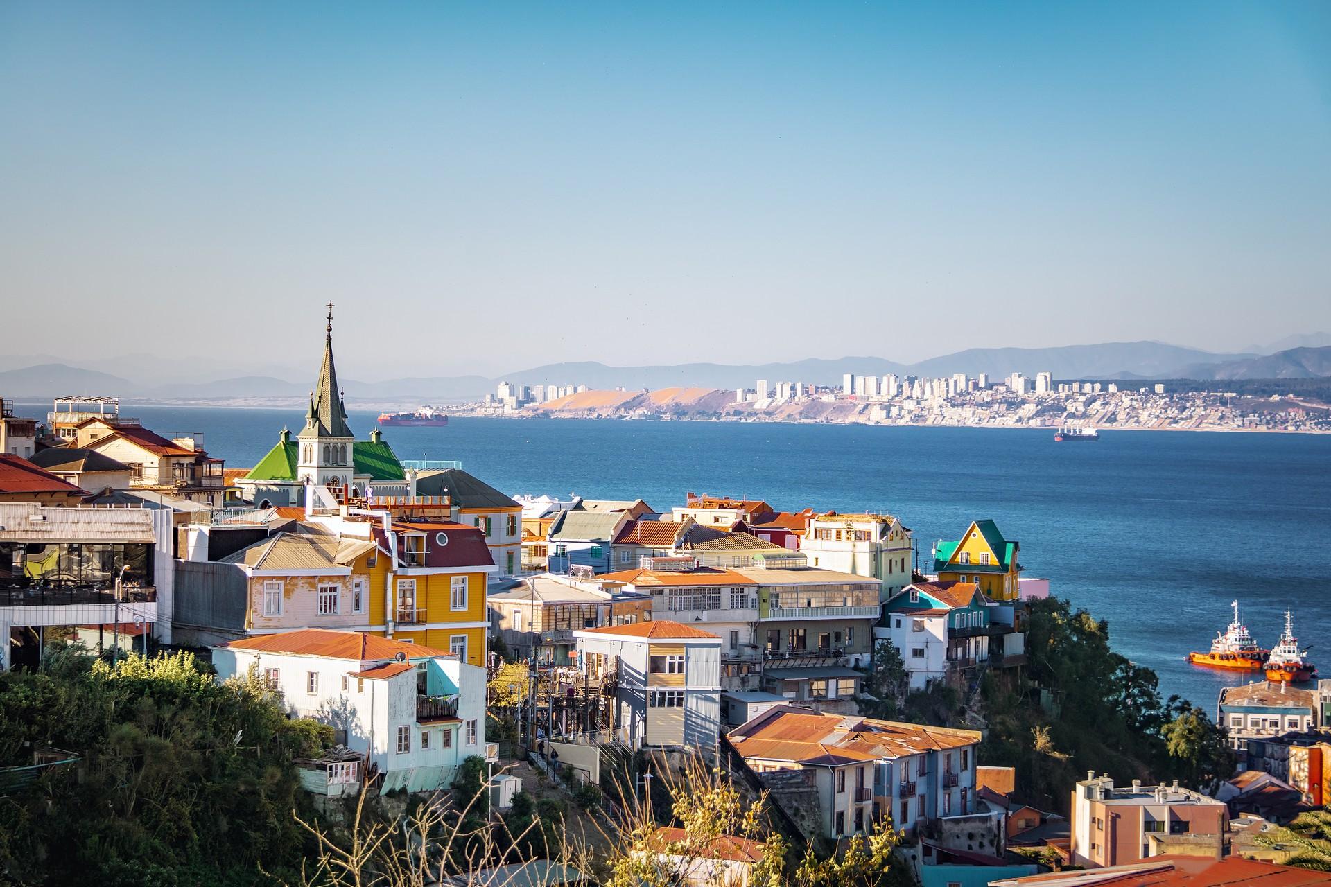 Aerial view of architecture in Valparaíso in sunny weather with few clouds