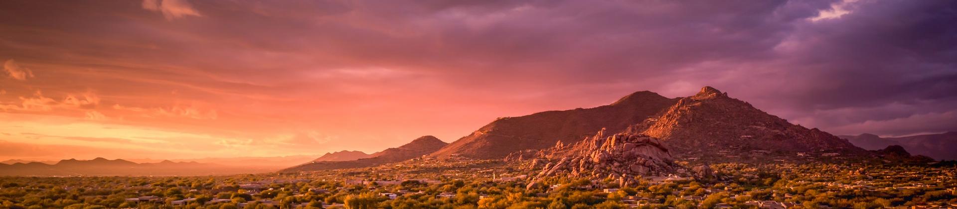 Aerial view of mountain range in Phoenix at sunset time