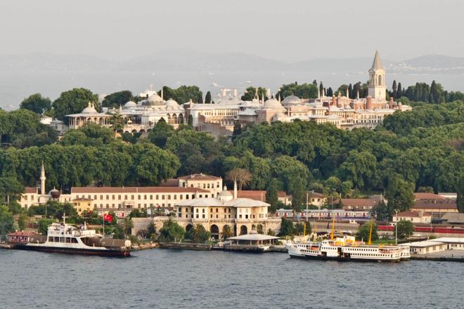 View of the Topkapi Palace in Istanbul surrounded by the sea