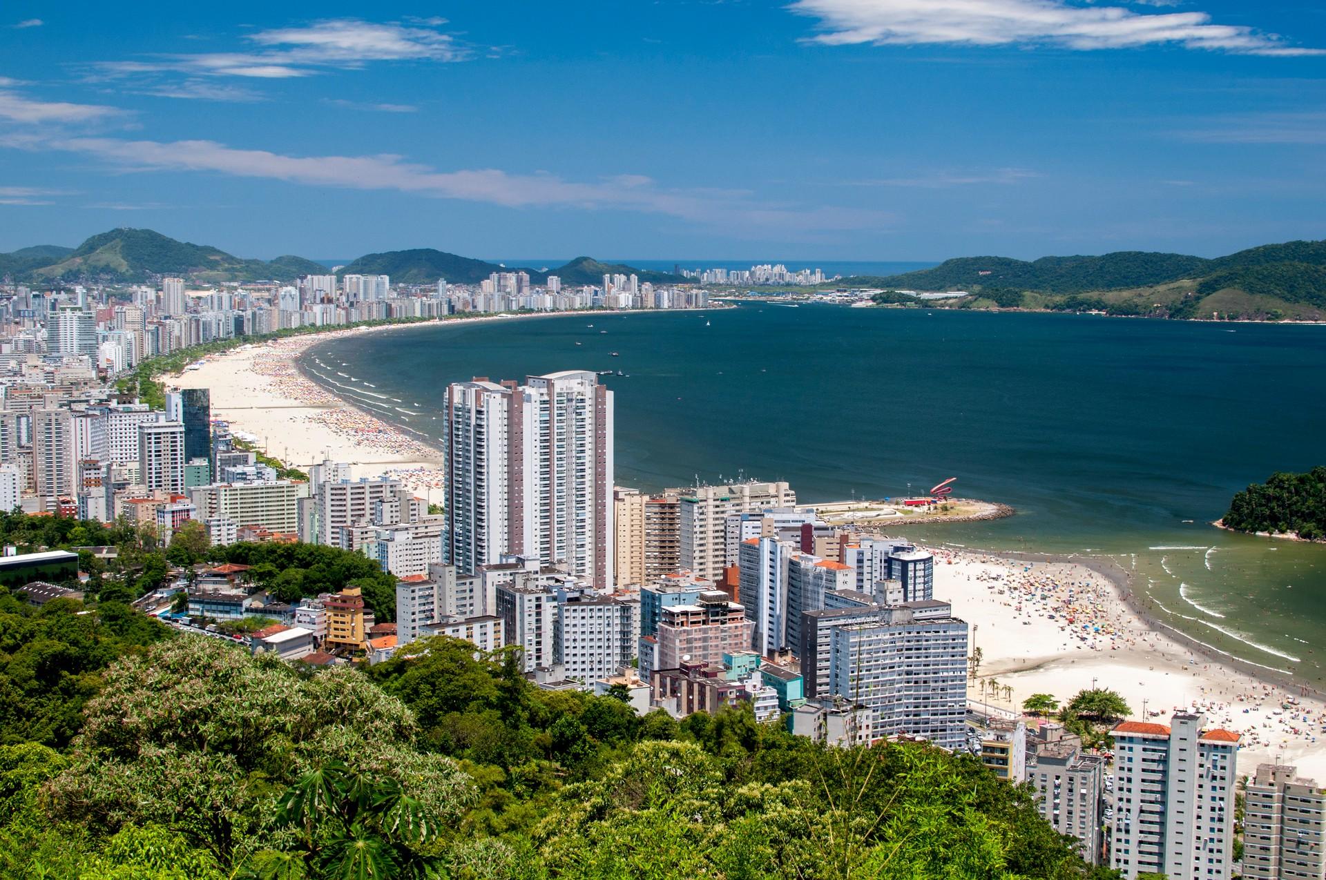Aerial view of beach in Santos on a sunny day with some clouds