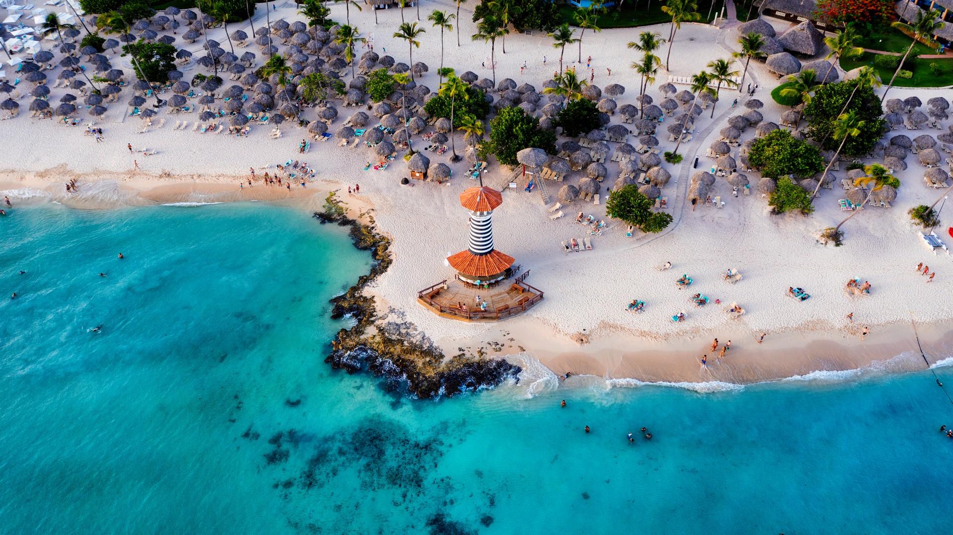 Aerial view of beach with turquise sea in Bayahibe