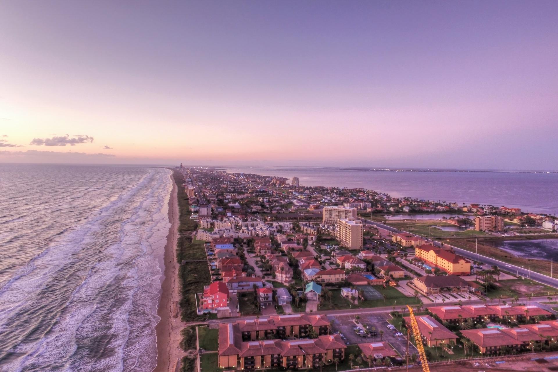 Aerial view of architecture in South Padre Island at sunset time
