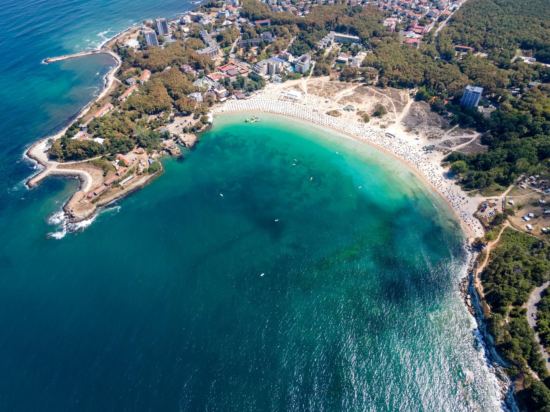 Aerial view of amazing beach with turquise water in Kiten